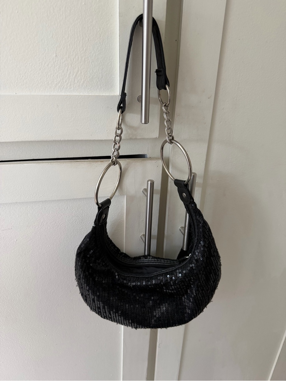 Black Sequin Shoulder Bag with Silver Ring Details